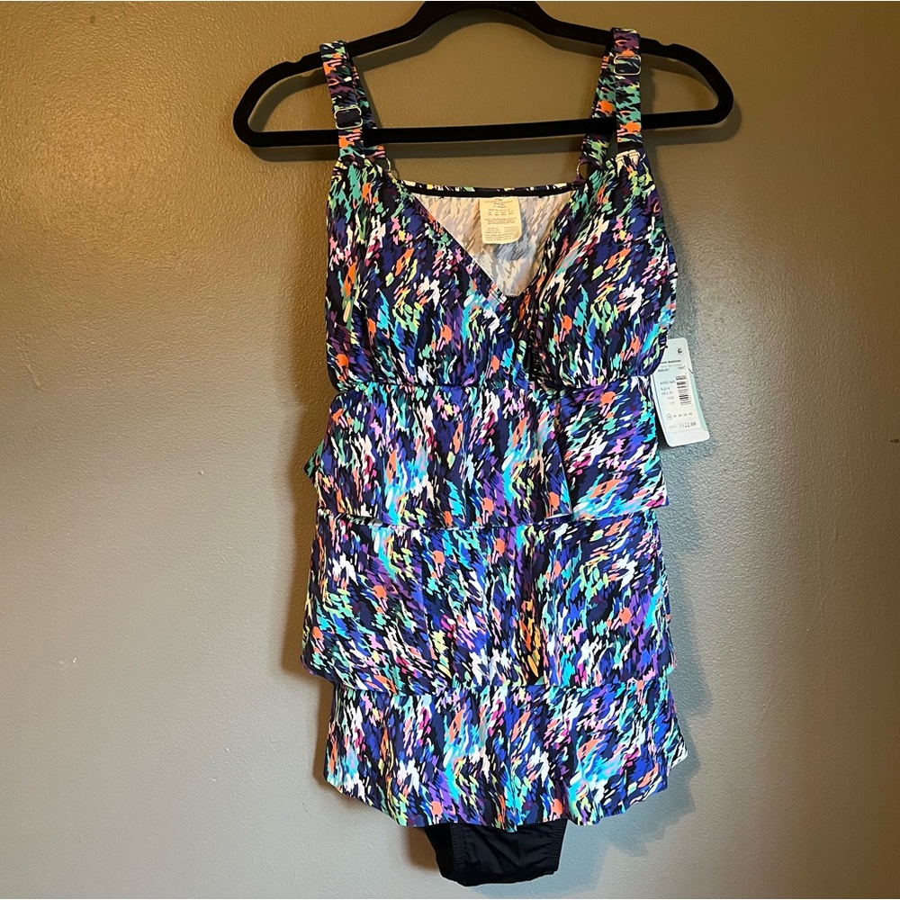 NWT Swim Solutions 16 Women Tiered Fauxkini One-Piece Swimsuit Rainbow Rain $122